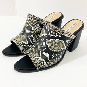 Snake embossed peep toe mules, womens 7.5 python pattern chain trim chunky heels